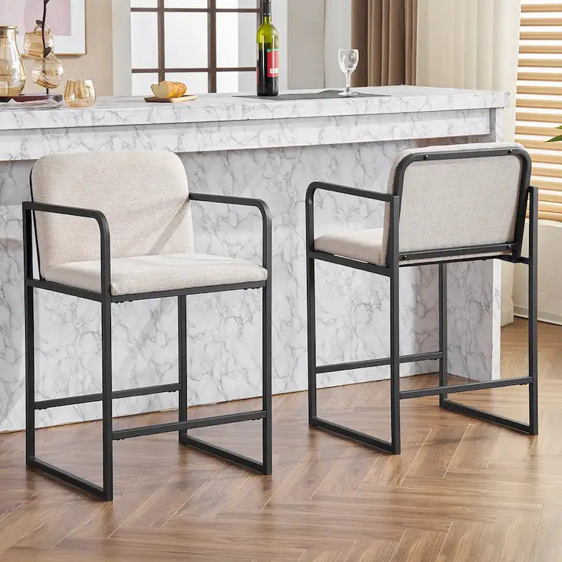Lot de 2 tabourets de bar à hauteur de comptoir, modernes et rembourrés, avec accoudoirs, structure en métal et assise rembourrée