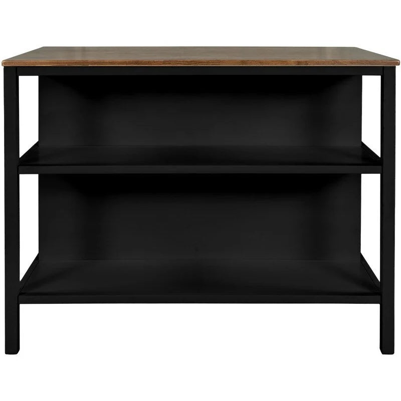 Îlot de cuisine rustique fixe en bois massif de 114 cm, table à manger et de préparation en bois d'hévéa avec deux étagères ouvertes.