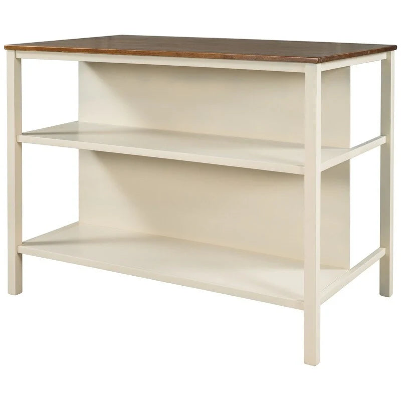 Îlot de cuisine rustique fixe en bois massif de 114 cm, table à manger et de préparation en bois d'hévéa avec deux étagères ouvertes.
