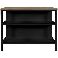 Îlot de cuisine rustique fixe en bois massif de 114 cm, table à manger et de préparation en bois d'hévéa avec deux étagères ouvertes.