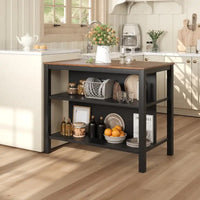 Îlot de cuisine rustique fixe en bois massif de 114 cm, table à manger et de préparation en bois d'hévéa avec deux étagères ouvertes.
