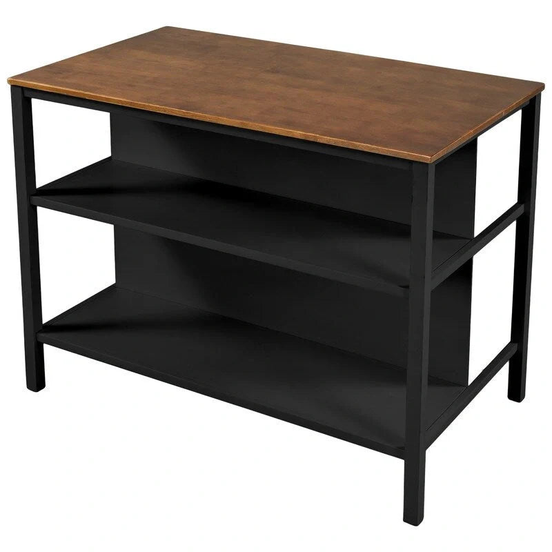 Îlot de cuisine rustique fixe en bois massif de 114 cm, table à manger et de préparation en bois d'hévéa avec deux étagères ouvertes.