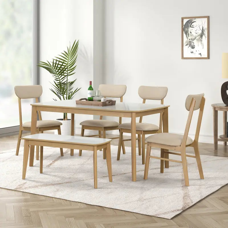 Ensemble de table à manger rectangulaire 6 pièces avec 4 chaises de salle à manger rembourrées et banc, ensemble de table à manger moderne décontracté pour cuisine