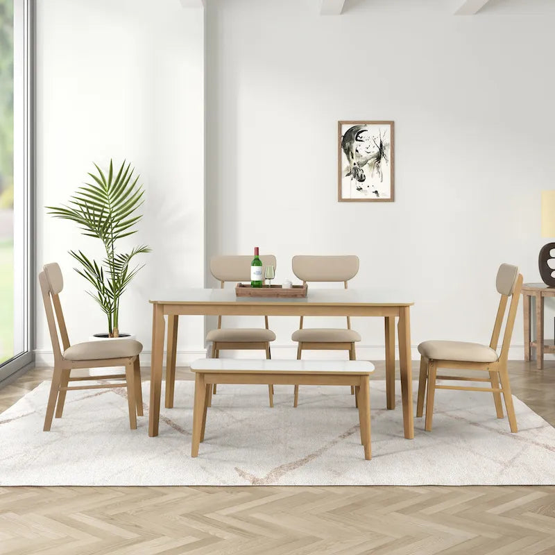 Ensemble de table à manger rectangulaire 6 pièces avec 4 chaises de salle à manger rembourrées et banc, ensemble de table à manger moderne décontracté pour cuisine