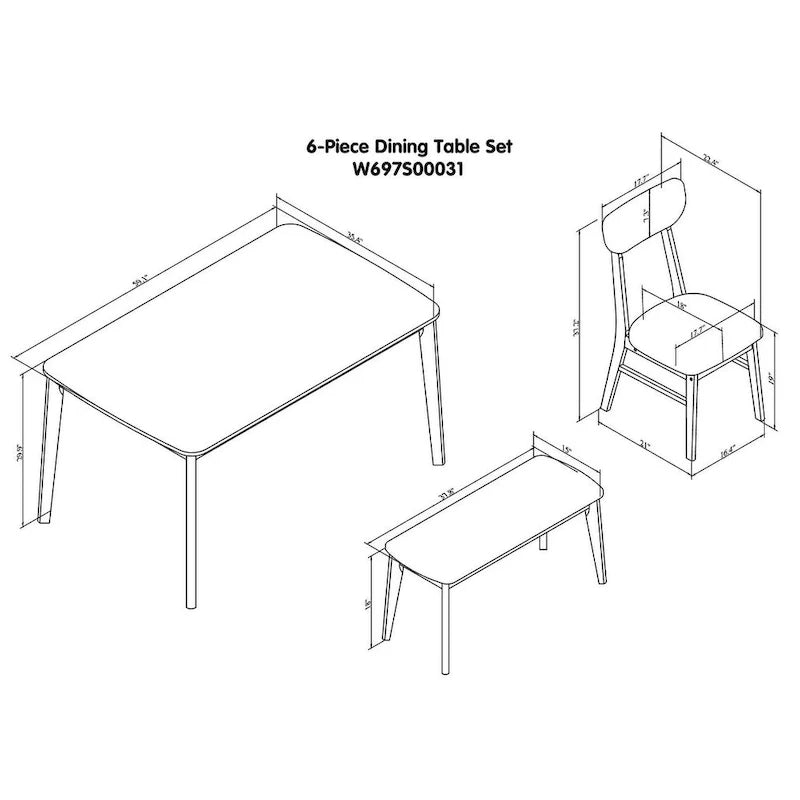 Ensemble de table à manger rectangulaire 6 pièces avec 4 chaises de salle à manger rembourrées et banc, ensemble de table à manger moderne décontracté pour cuisine