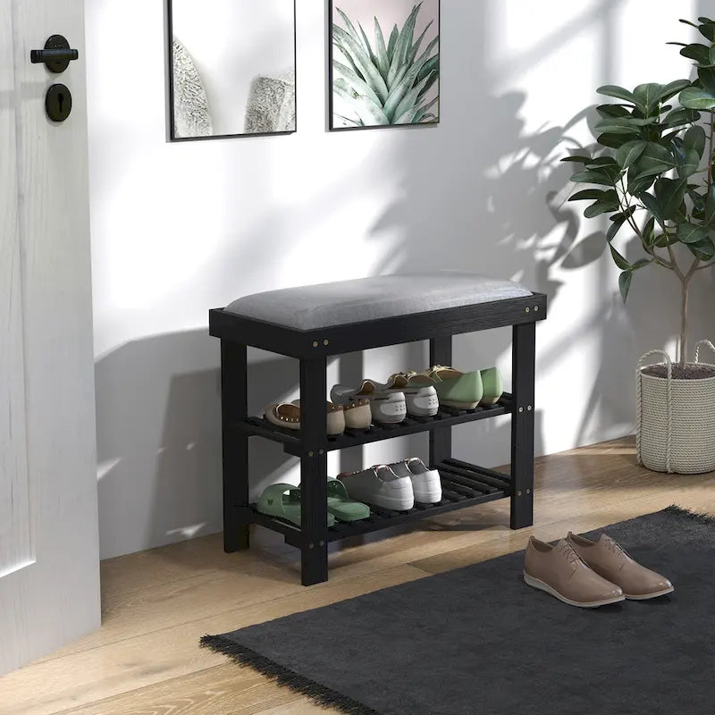 Banc à chaussures en bambou HOMCOM, banc d'entrée à 3 niveaux avec rangement et coussin, organiseur de chaussures pour entrée, couloir