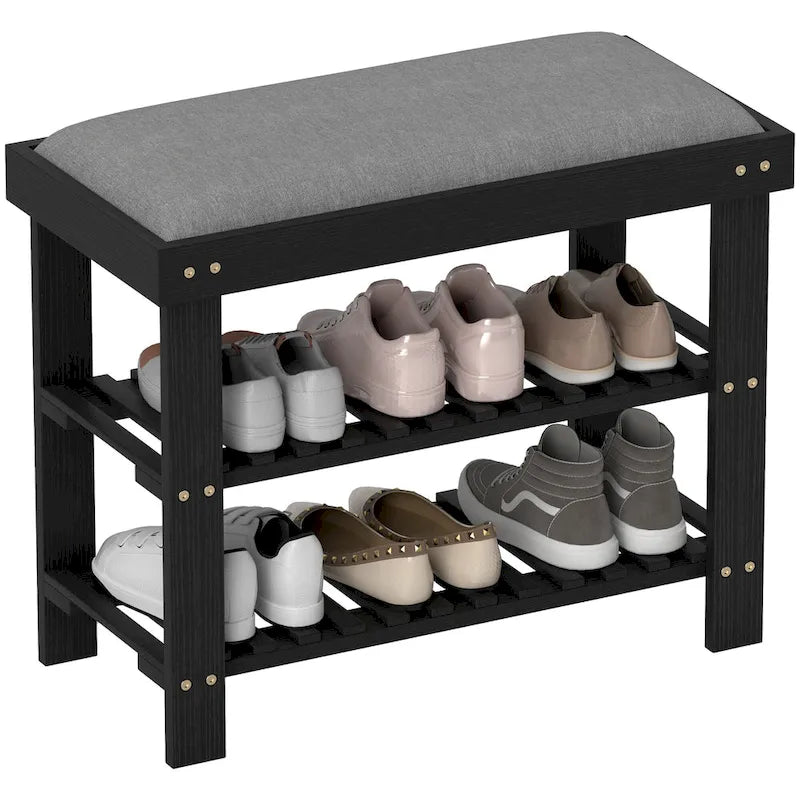 Banc à chaussures en bambou HOMCOM, banc d'entrée à 3 niveaux avec rangement et coussin, organiseur de chaussures pour entrée, couloir