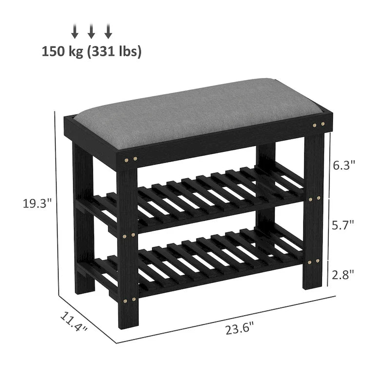 Banc à chaussures en bambou HOMCOM, banc d'entrée à 3 niveaux avec rangement et coussin, organiseur de chaussures pour entrée, couloir