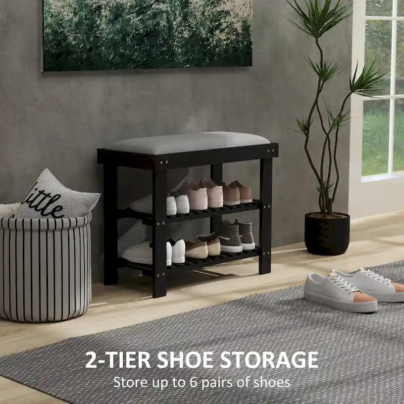 Banc à chaussures en bambou HOMCOM, banc d'entrée à 3 niveaux avec rangement et coussin, organiseur de chaussures pour entrée, couloir