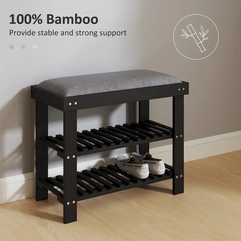 Banc à chaussures en bambou HOMCOM, banc d'entrée à 3 niveaux avec rangement et coussin, organiseur de chaussures pour entrée, couloir