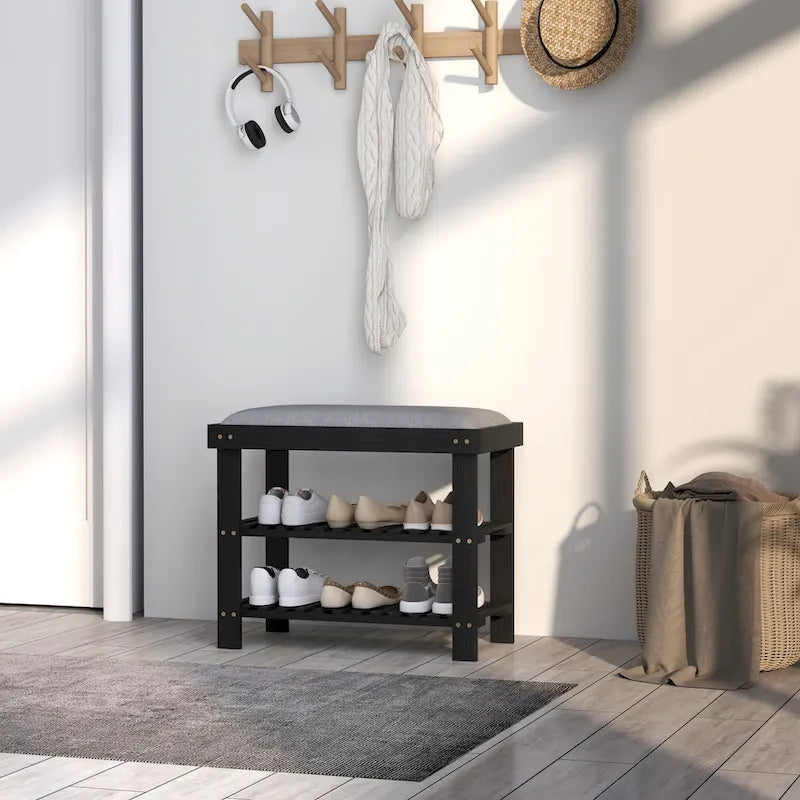 Banc à chaussures en bambou HOMCOM, banc d'entrée à 3 niveaux avec rangement et coussin, organiseur de chaussures pour entrée, couloir