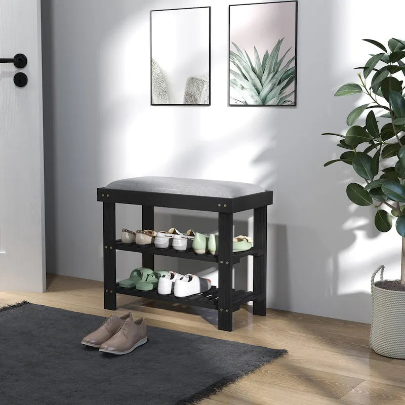 Banc à chaussures en bambou HOMCOM, banc d'entrée à 3 niveaux avec rangement et coussin, organiseur de chaussures pour entrée, couloir