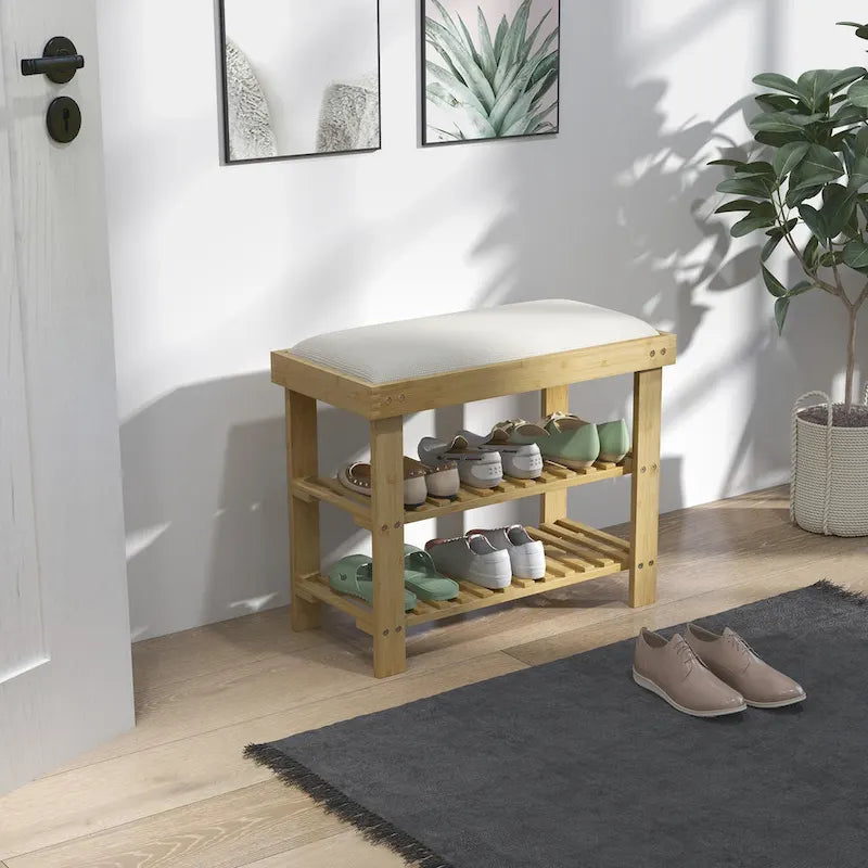 Banc à chaussures en bambou HOMCOM, banc d'entrée à 3 niveaux avec rangement et coussin, organiseur de chaussures pour entrée, couloir