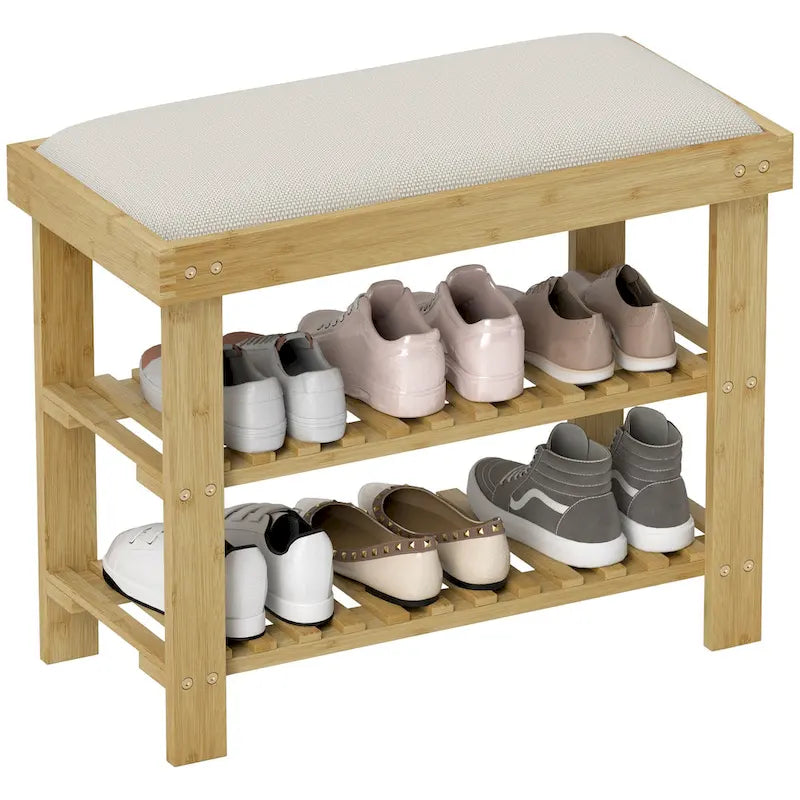 Banc à chaussures en bambou HOMCOM, banc d'entrée à 3 niveaux avec rangement et coussin, organiseur de chaussures pour entrée, couloir