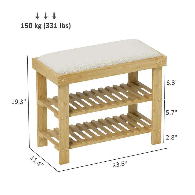 Banc à chaussures en bambou HOMCOM, banc d'entrée à 3 niveaux avec rangement et coussin, organiseur de chaussures pour entrée, couloir