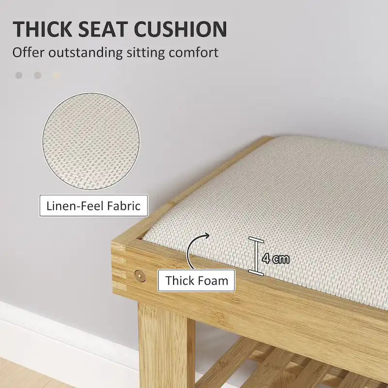 Banc à chaussures en bambou HOMCOM, banc d'entrée à 3 niveaux avec rangement et coussin, organiseur de chaussures pour entrée, couloir