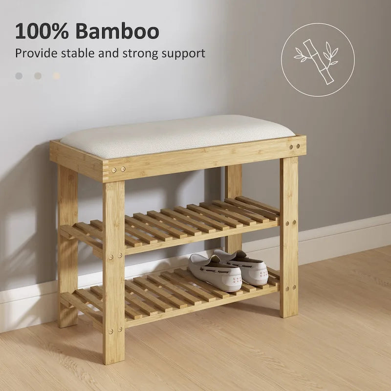 Banc à chaussures en bambou HOMCOM, banc d'entrée à 3 niveaux avec rangement et coussin, organiseur de chaussures pour entrée, couloir