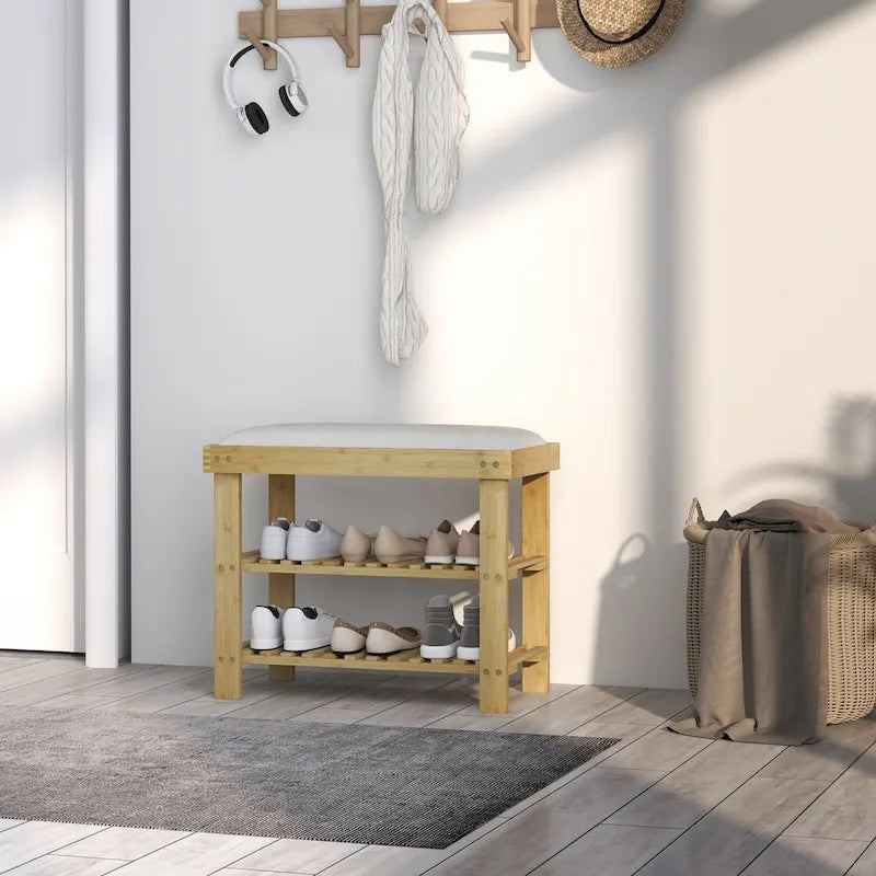 Banc à chaussures en bambou HOMCOM, banc d'entrée à 3 niveaux avec rangement et coussin, organiseur de chaussures pour entrée, couloir