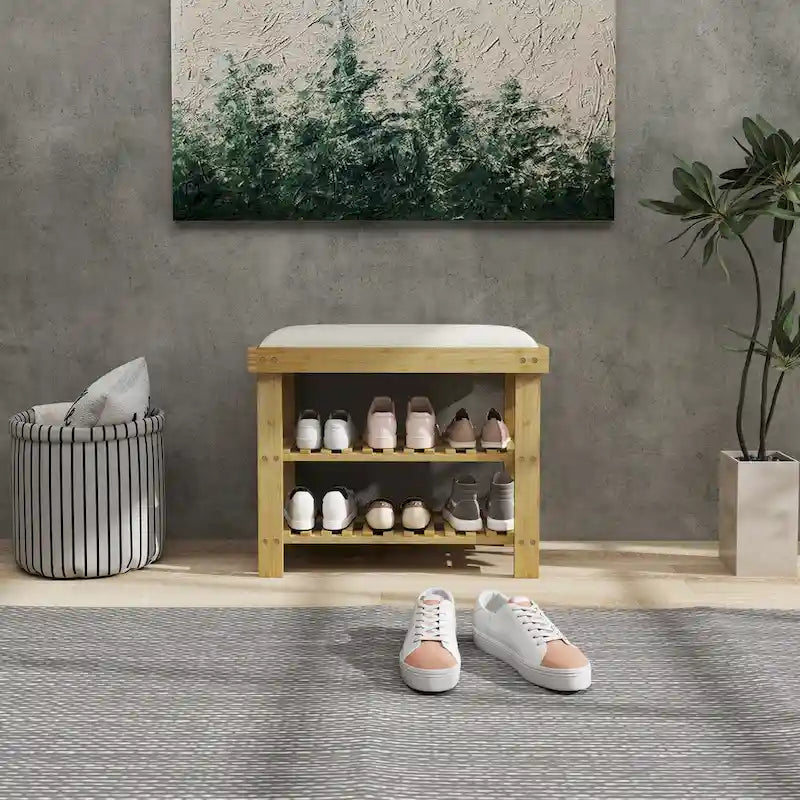 Banc à chaussures en bambou HOMCOM, banc d'entrée à 3 niveaux avec rangement et coussin, organiseur de chaussures pour entrée, couloir