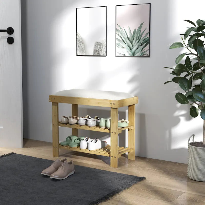 Banc à chaussures en bambou HOMCOM, banc d'entrée à 3 niveaux avec rangement et coussin, organiseur de chaussures pour entrée, couloir