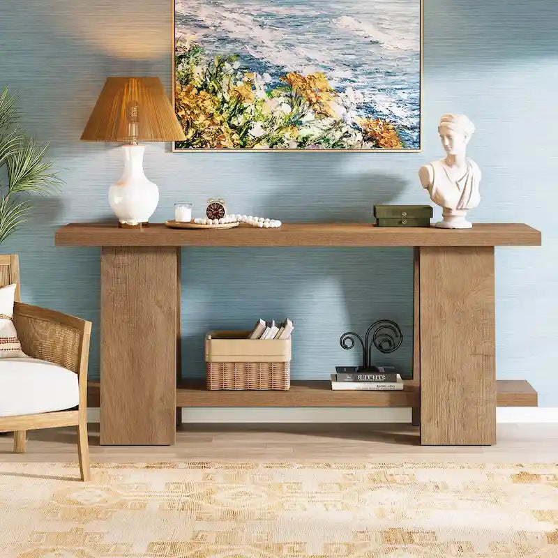 Grande table de canapé de 180 cm, console moderne à 2 niveaux pour entrée – 180 L x 30 l x 85 H