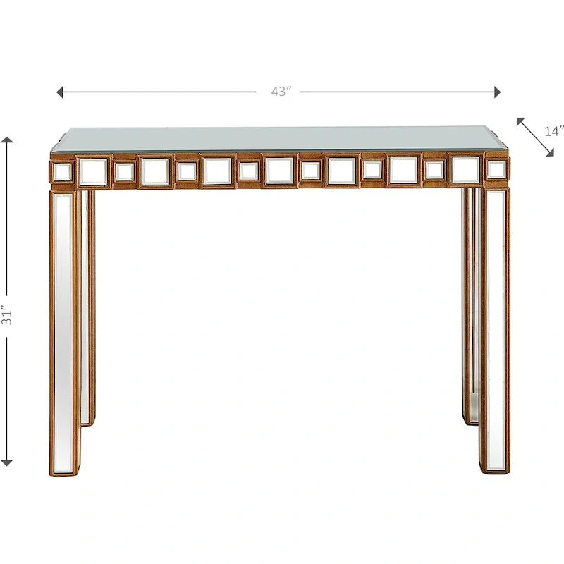 Console rectangulaire dorée à miroir et base en verre à quatre pieds - 43 L x 14 l x 31 H