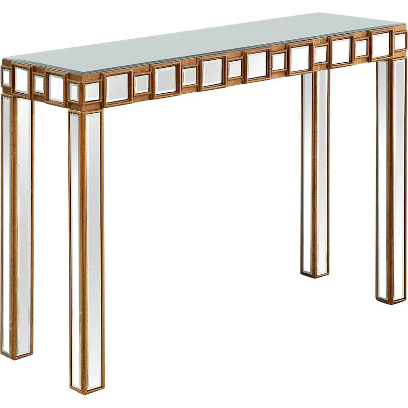 Console rectangulaire dorée à miroir et base en verre à quatre pieds - 43 L x 14 l x 31 H