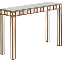 Console rectangulaire dorée à miroir et base en verre à quatre pieds - 43 L x 14 l x 31 H