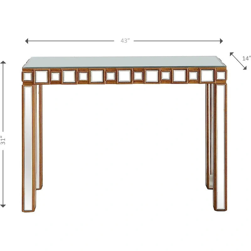 Console rectangulaire dorée à miroir et base en verre à quatre pieds - 43 L x 14 l x 31 H
