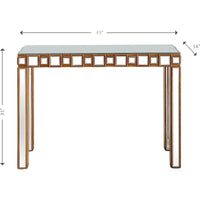 Console rectangulaire dorée à miroir et base en verre à quatre pieds - 43 L x 14 l x 31 H