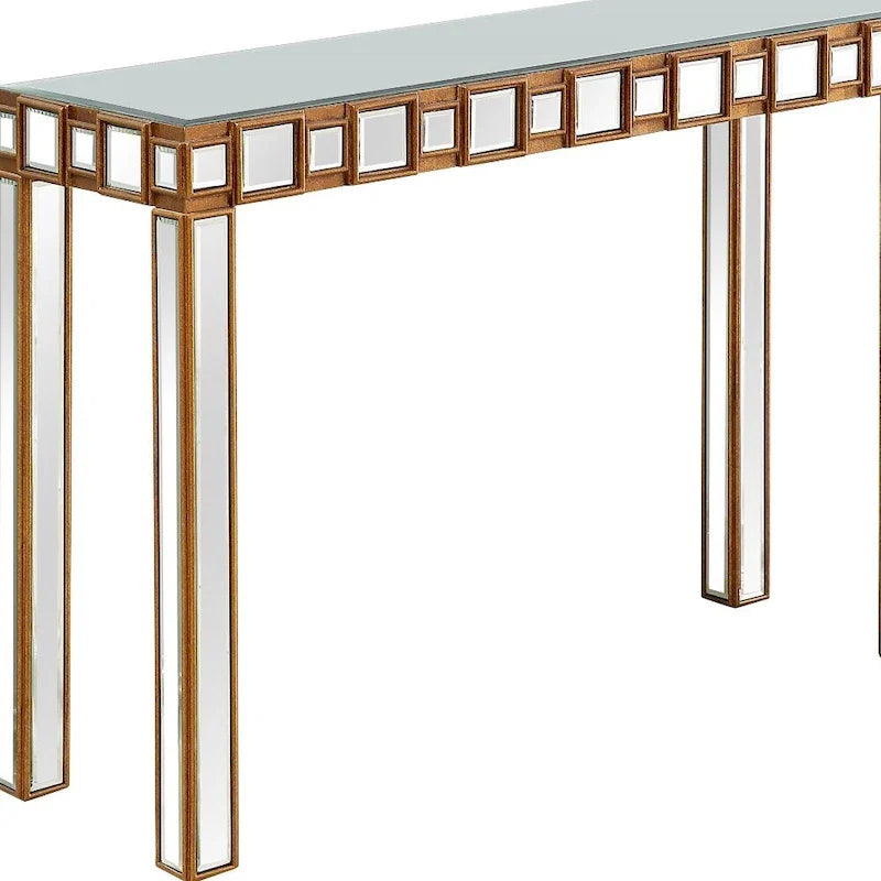 Console rectangulaire dorée à miroir et base en verre à quatre pieds - 43 L x 14 l x 31 H