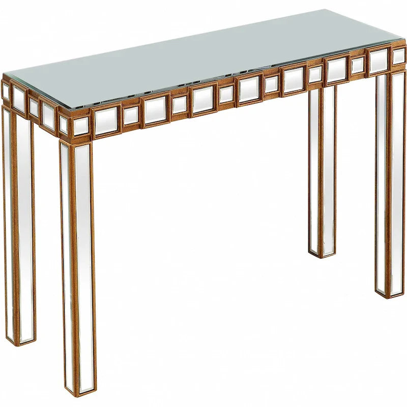 Console rectangulaire dorée à miroir et base en verre à quatre pieds - 43 L x 14 l x 31 H