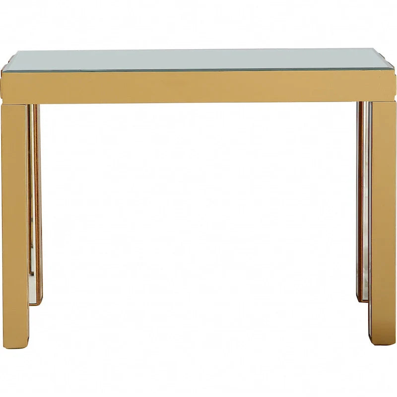 Console rectangulaire dorée à miroir et base en verre à quatre pieds - 43 L x 14 l x 31 H