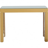 Console rectangulaire dorée à miroir et base en verre à quatre pieds - 43 L x 14 l x 31 H