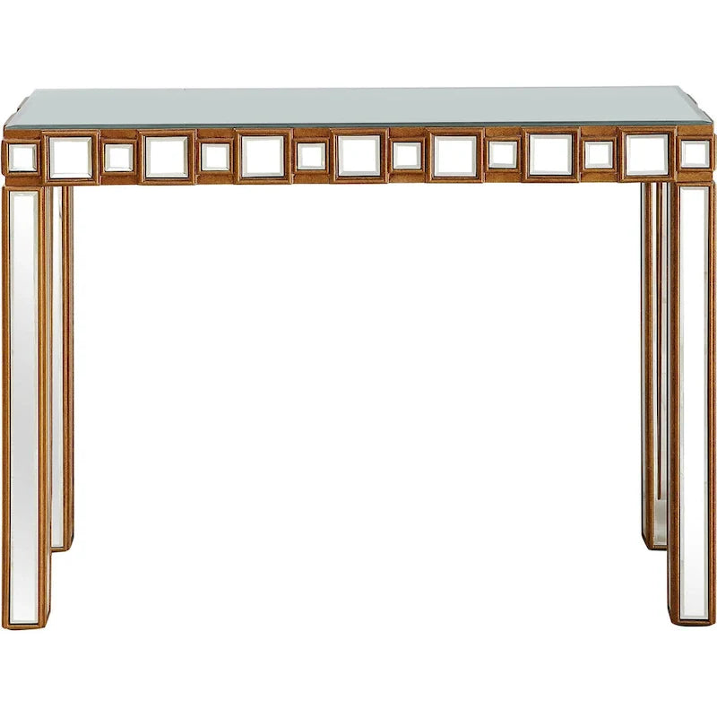 Console rectangulaire dorée à miroir et base en verre à quatre pieds - 43 L x 14 l x 31 H