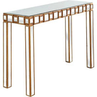 Console rectangulaire dorée à miroir et base en verre à quatre pieds - 43 L x 14 l x 31 H