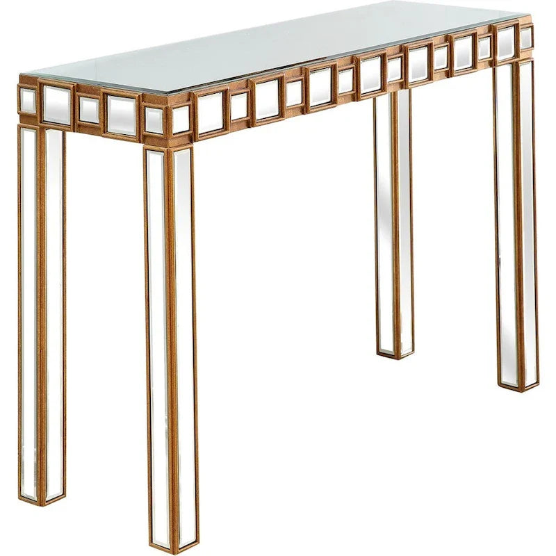 Console rectangulaire dorée à miroir et base en verre à quatre pieds - 43 L x 14 l x 31 H