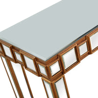 Console rectangulaire dorée à miroir et base en verre à quatre pieds - 43 L x 14 l x 31 H