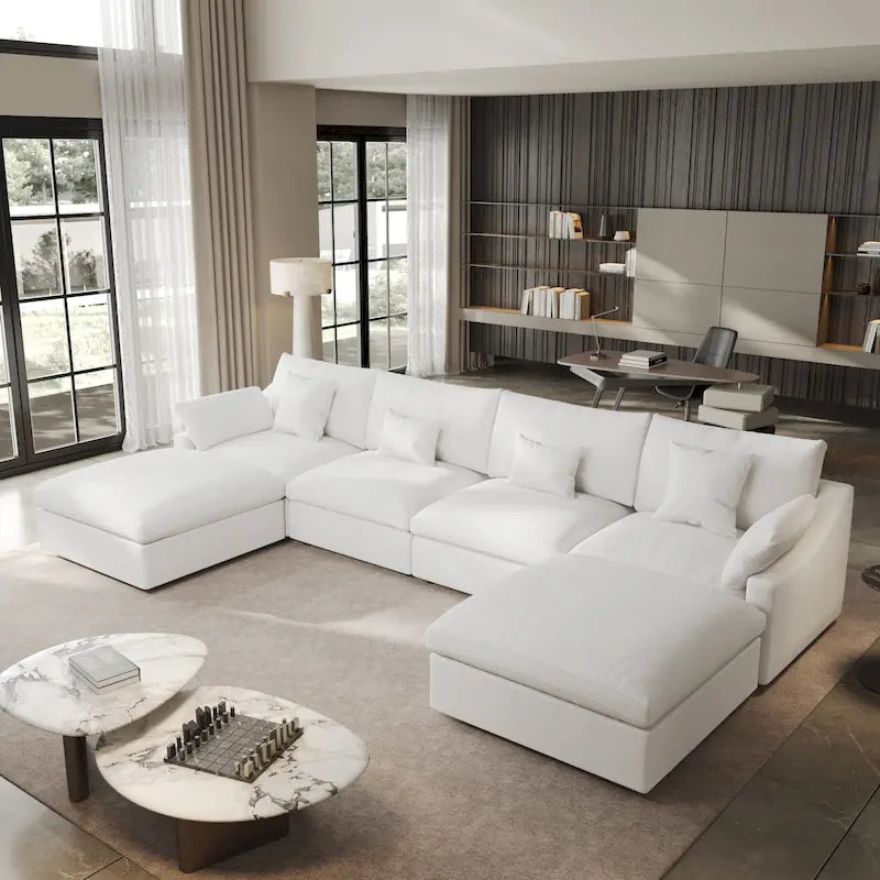 Canapé sectionnel minimaliste en lin canapé nuage garni de duvet, canapé à assise profonde en forme de U avec coussins