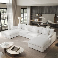 Canapé sectionnel minimaliste en lin canapé nuage garni de duvet, canapé à assise profonde en forme de U avec coussins