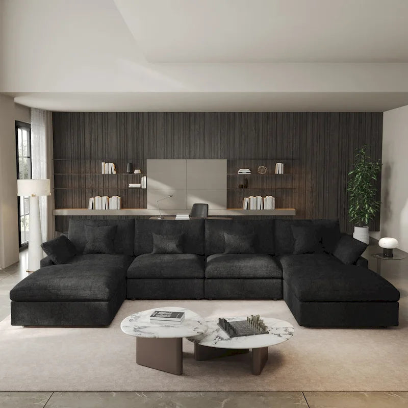 Canapé sectionnel minimaliste en lin canapé nuage garni de duvet, canapé à assise profonde en forme de U avec coussins