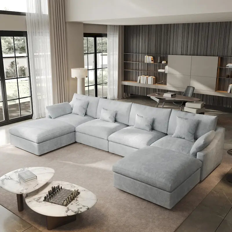 Canapé sectionnel minimaliste en lin canapé nuage garni de duvet, canapé à assise profonde en forme de U avec coussins