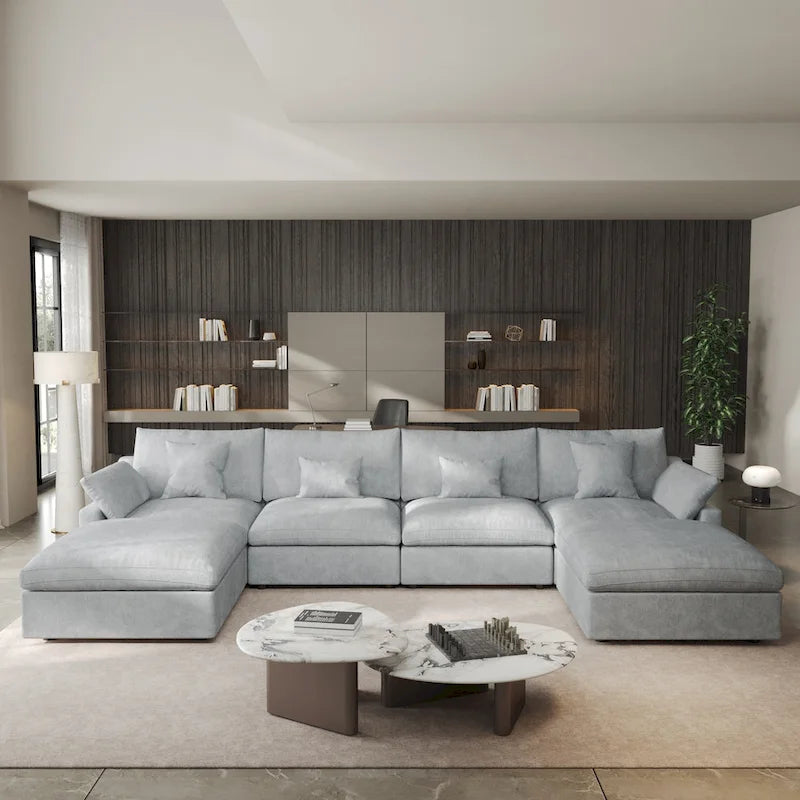 Canapé sectionnel minimaliste en lin canapé nuage garni de duvet, canapé à assise profonde en forme de U avec coussins