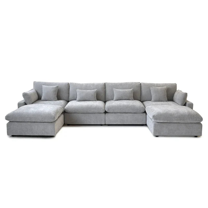 Canapé sectionnel minimaliste en lin canapé nuage garni de duvet, canapé à assise profonde en forme de U avec coussins