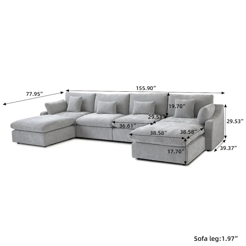 Canapé sectionnel minimaliste en lin canapé nuage garni de duvet, canapé à assise profonde en forme de U avec coussins
