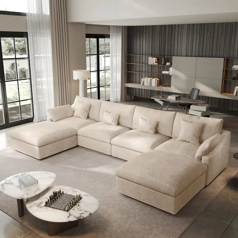 Canapé sectionnel minimaliste en lin canapé nuage garni de duvet, canapé à assise profonde en forme de U avec coussins