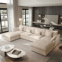 Canapé sectionnel minimaliste en lin canapé nuage garni de duvet, canapé à assise profonde en forme de U avec coussins