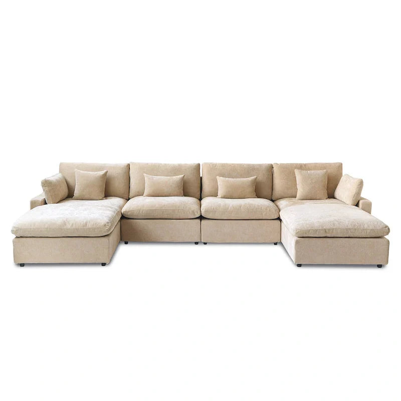 Canapé sectionnel minimaliste en lin canapé nuage garni de duvet, canapé à assise profonde en forme de U avec coussins