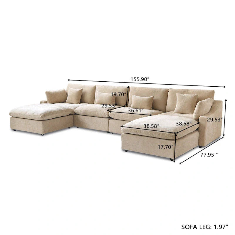 Canapé sectionnel minimaliste en lin canapé nuage garni de duvet, canapé à assise profonde en forme de U avec coussins