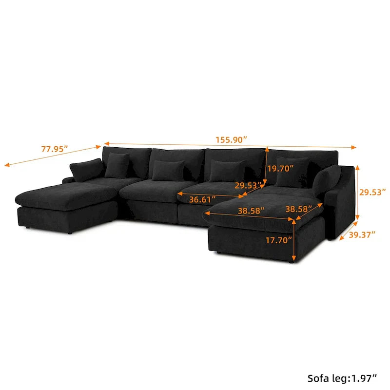 Canapé sectionnel minimaliste en lin canapé nuage garni de duvet, canapé à assise profonde en forme de U avec coussins
